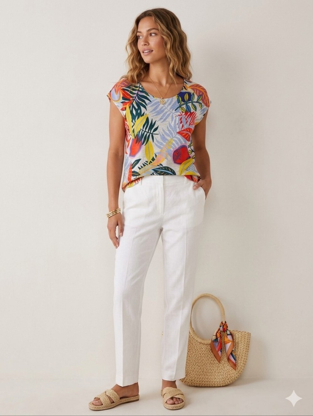C&C California Tropical Linen Tee in Multicolor Leaf Print Size M